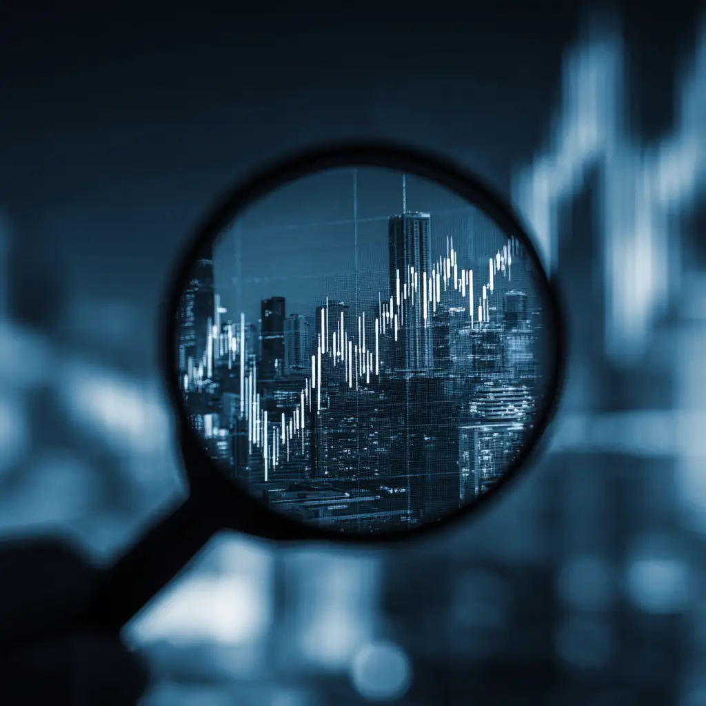 a magnifying glass on top of a financial data chart with the NYC skyline in the background